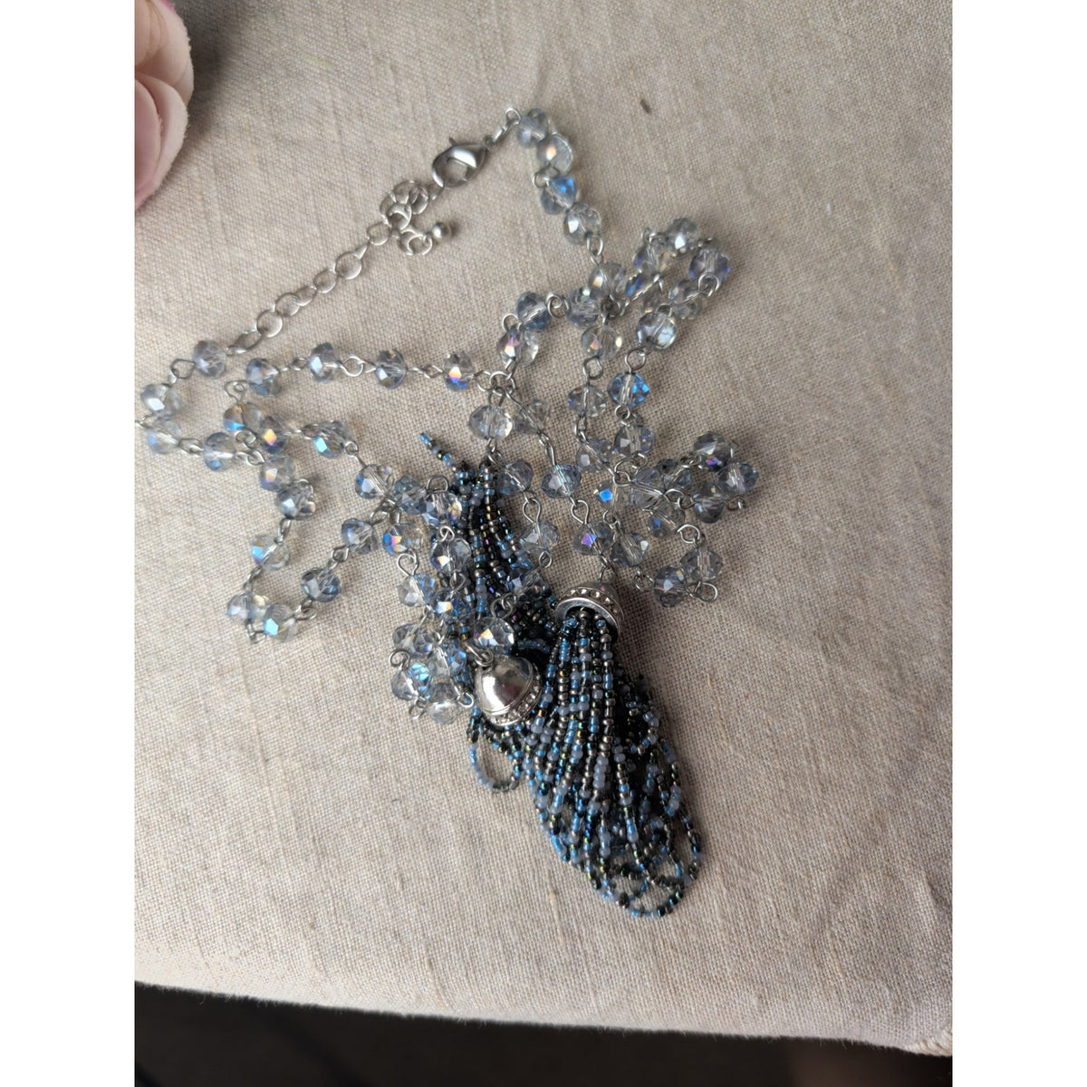 Beautiful Icy Blue AB Crystal Beaded Necklace Seed Bead Tassels 42"