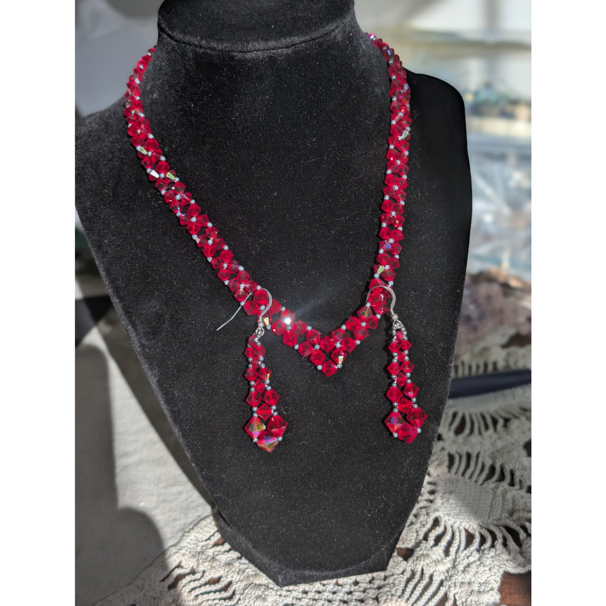 Swarovski Red AB Crystal Demi Parure Set Woven Chevron Necklace Hook Earrings 925