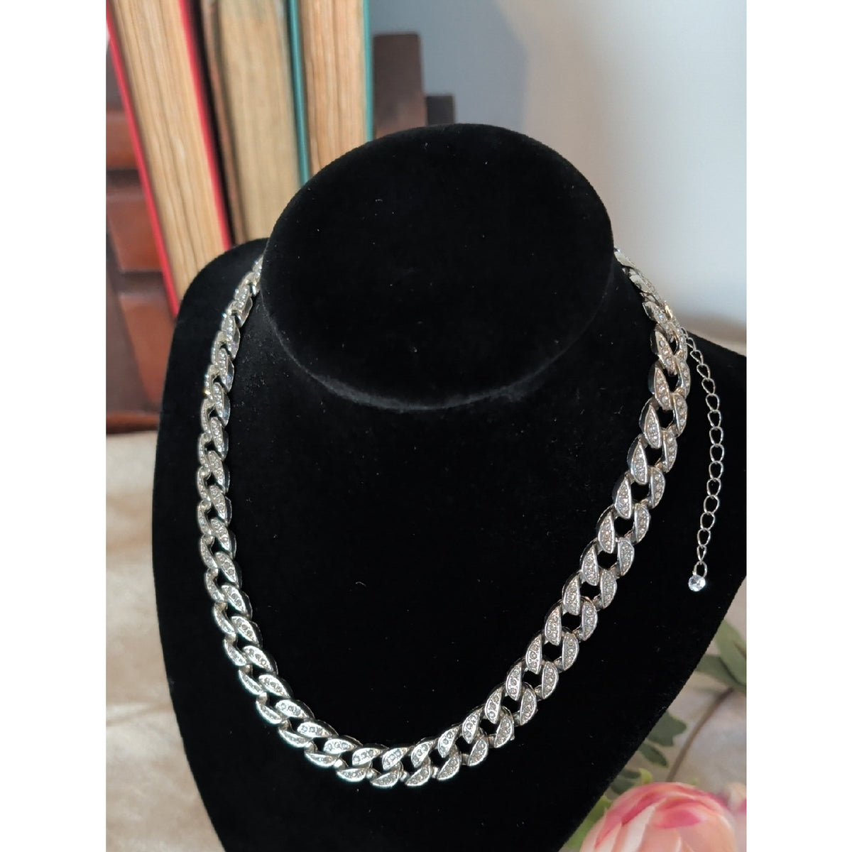 Y2K Rhinestone Cuban Link Necklace  Silver Tone Glam Chain  Pavé Crystal Detail