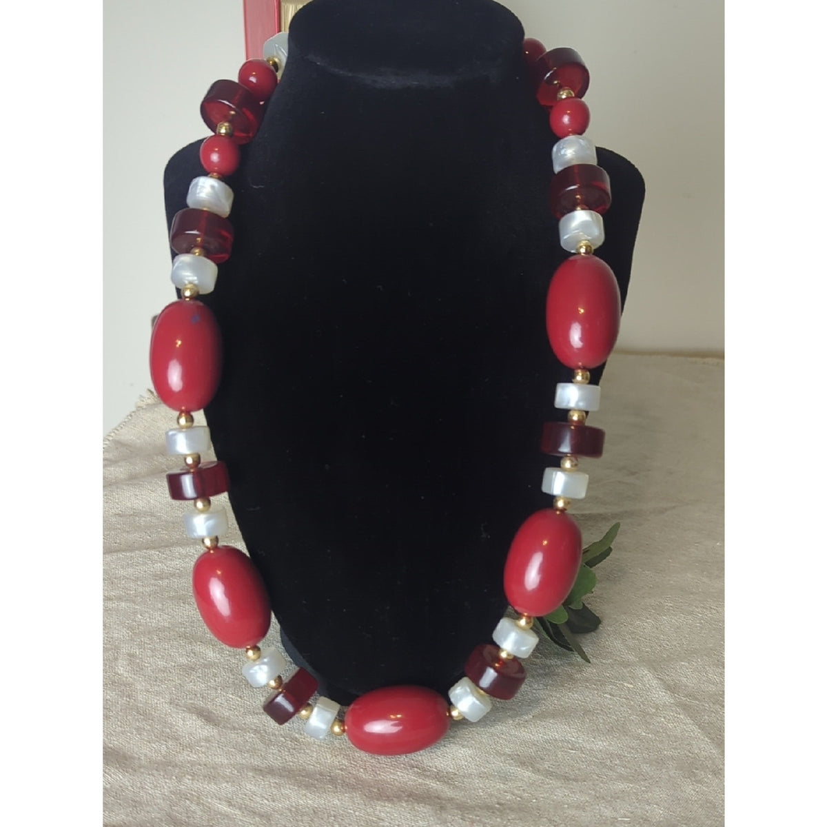 Vintage Monet Red 90's Retro Necklace Chunky Lucite & Gold Beaded Cranberry