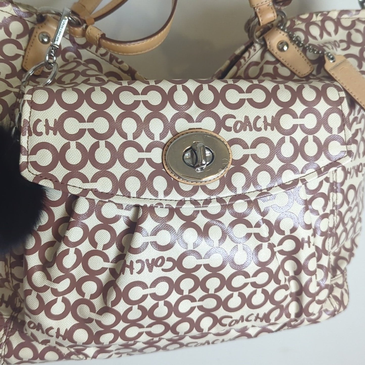 Coach "Leah" Coated Canvas Hobo Large Crossbody Tote Bag Two Bag Charms