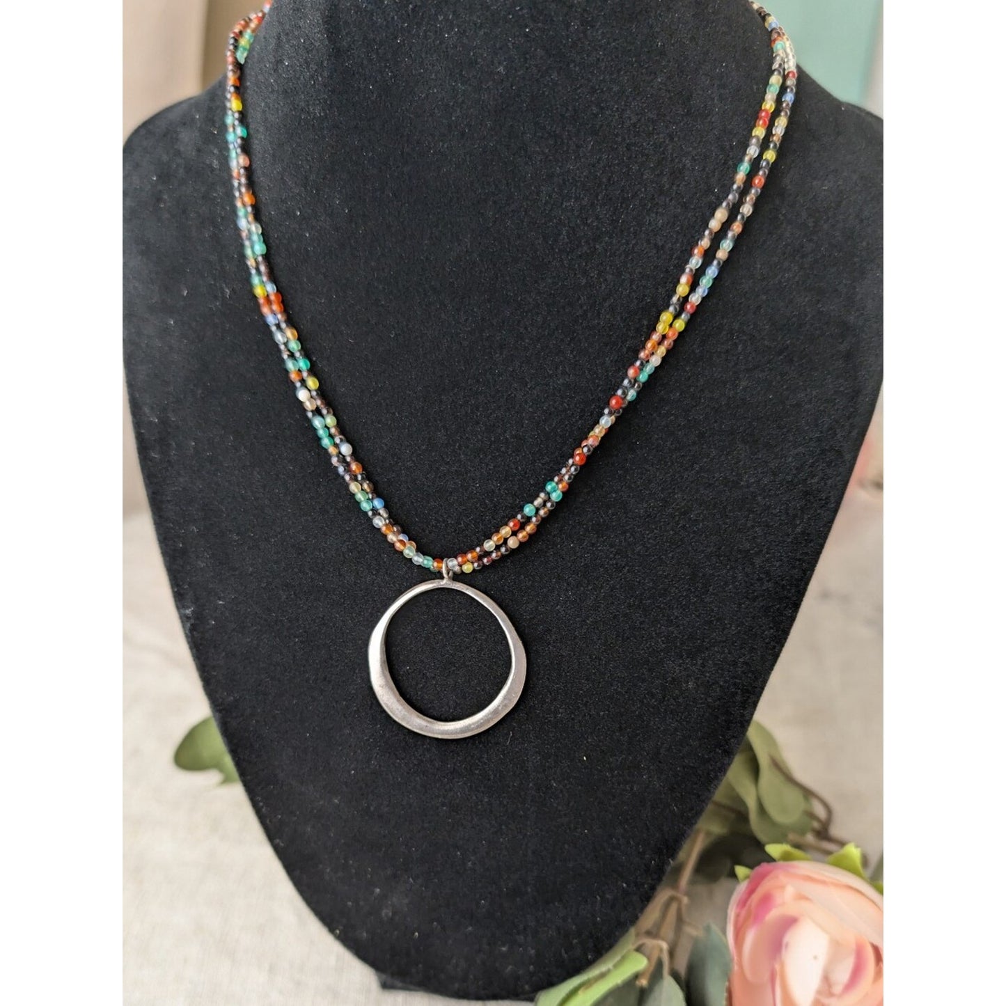 925 Sterling Silver Circle Pendant Necklace Double Strand Multicolor Seed Bead