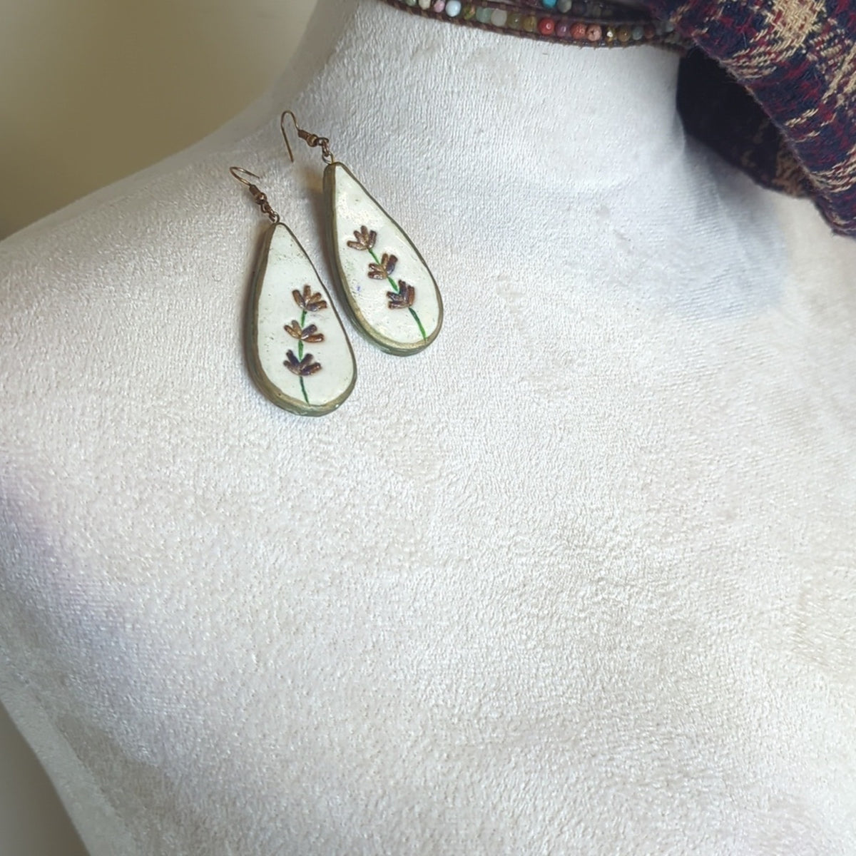 Vintage Hand-Painted Teardrop Earrings| Folk Art Floral Dangles Lightweight Wood