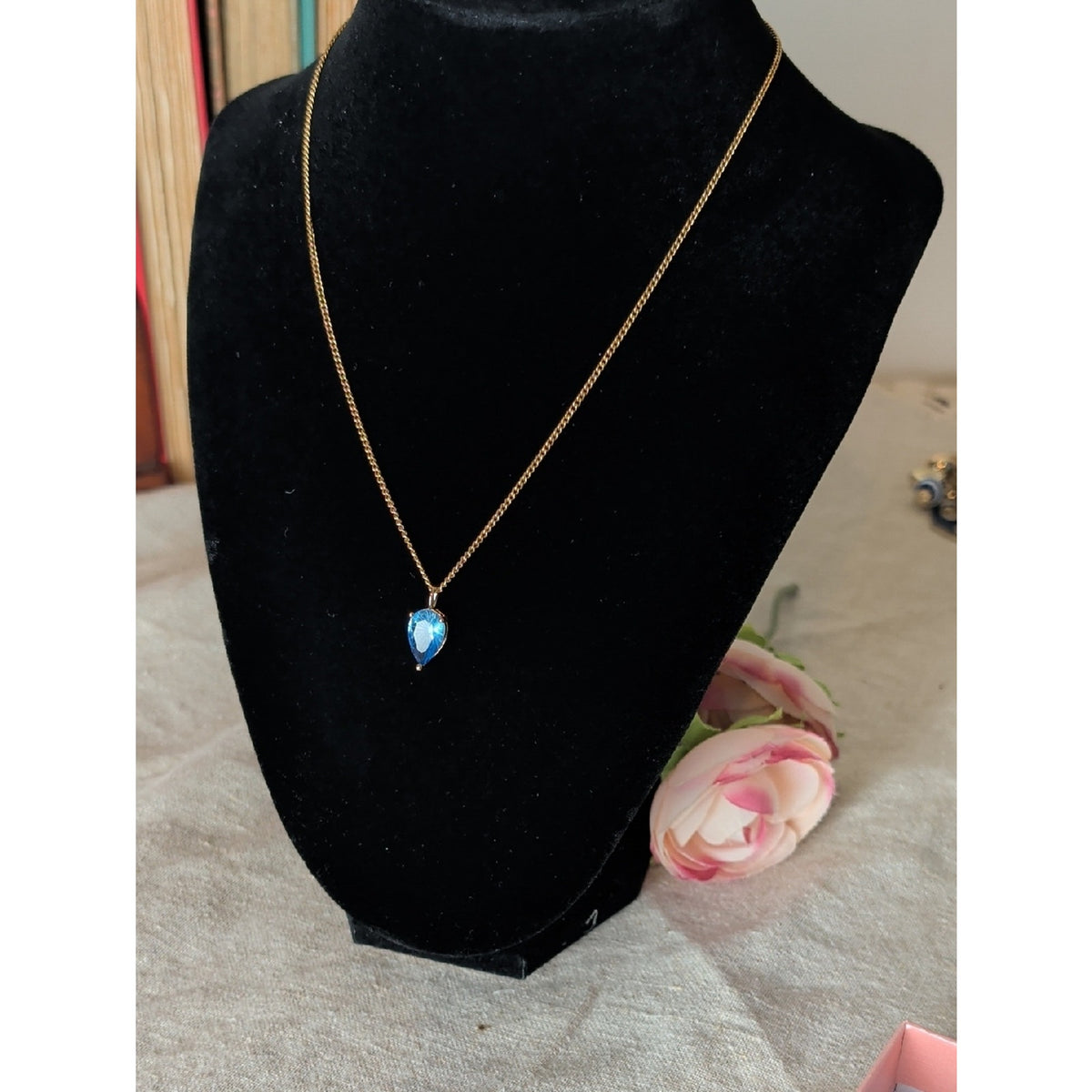 Blue Crystal Teardrop Pendant Necklace  Gold Tone Celestial Glam Statement