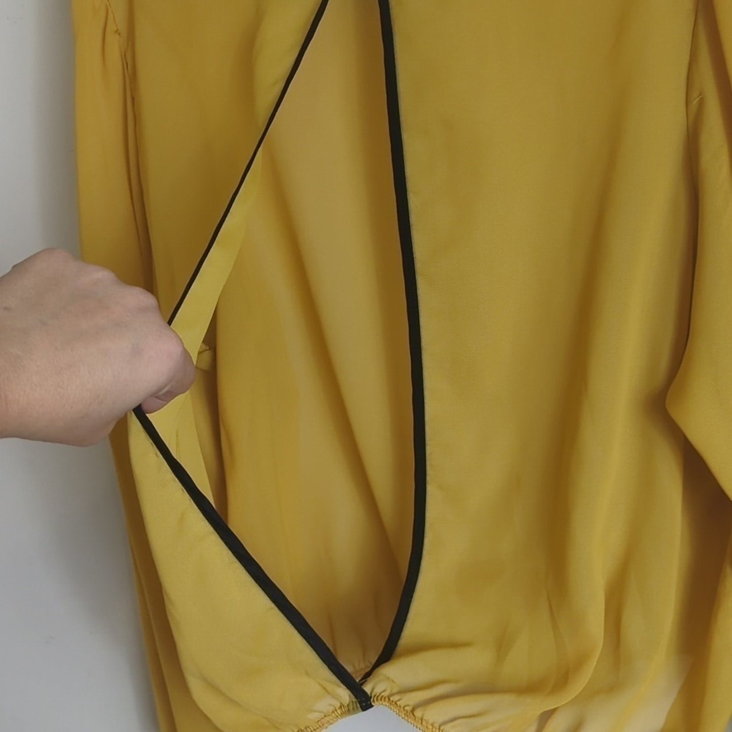 Mustard Yellow Pop-Over Sheer Blouse Peekaboo Back Mustard Yellow