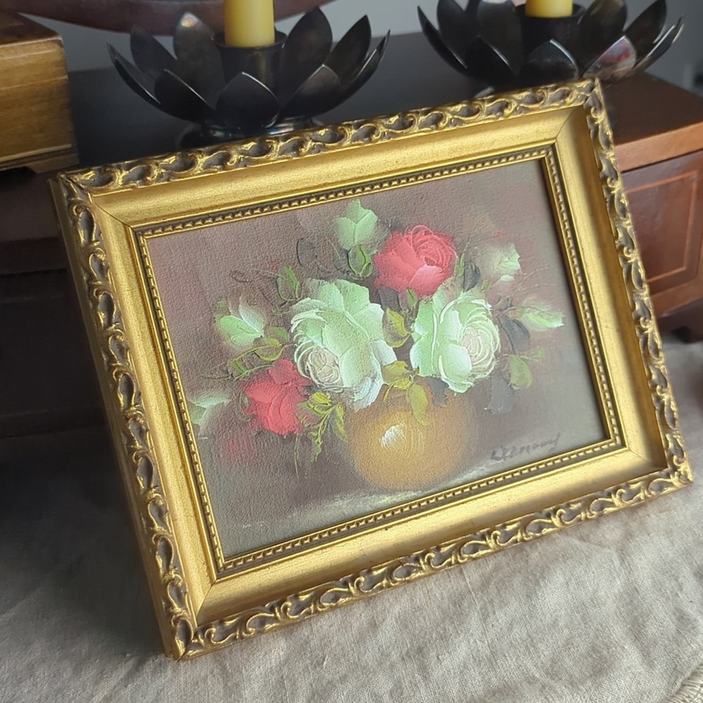 Vintage Hand Painted Floral Still Life Painting 7x9 Framed Romantic Cottage Art