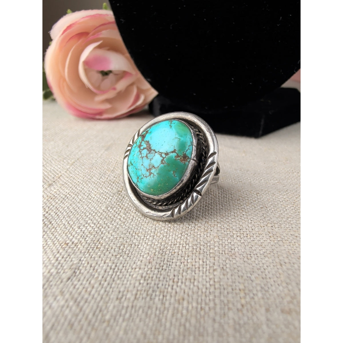 Vintage Navajo Sterling Silver Turquoise Ring Size 5 Signed Artisan Mark "T" Split Shank