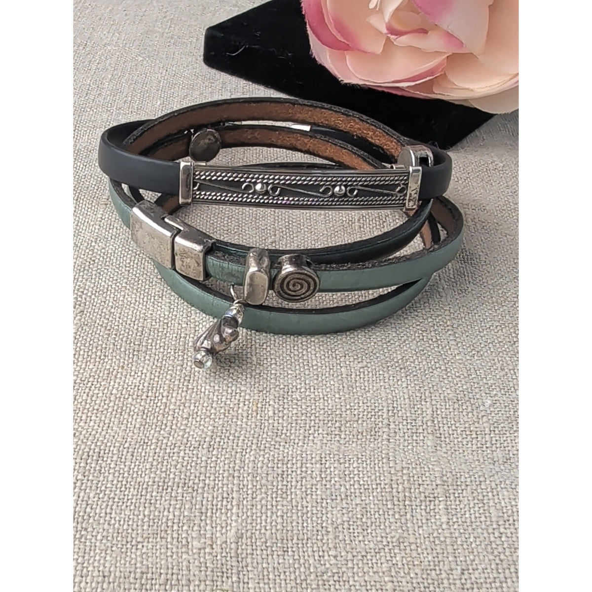 Sterling & Leather Stackable Bracelets Southwestern Boho Wrap/Clasp 7"