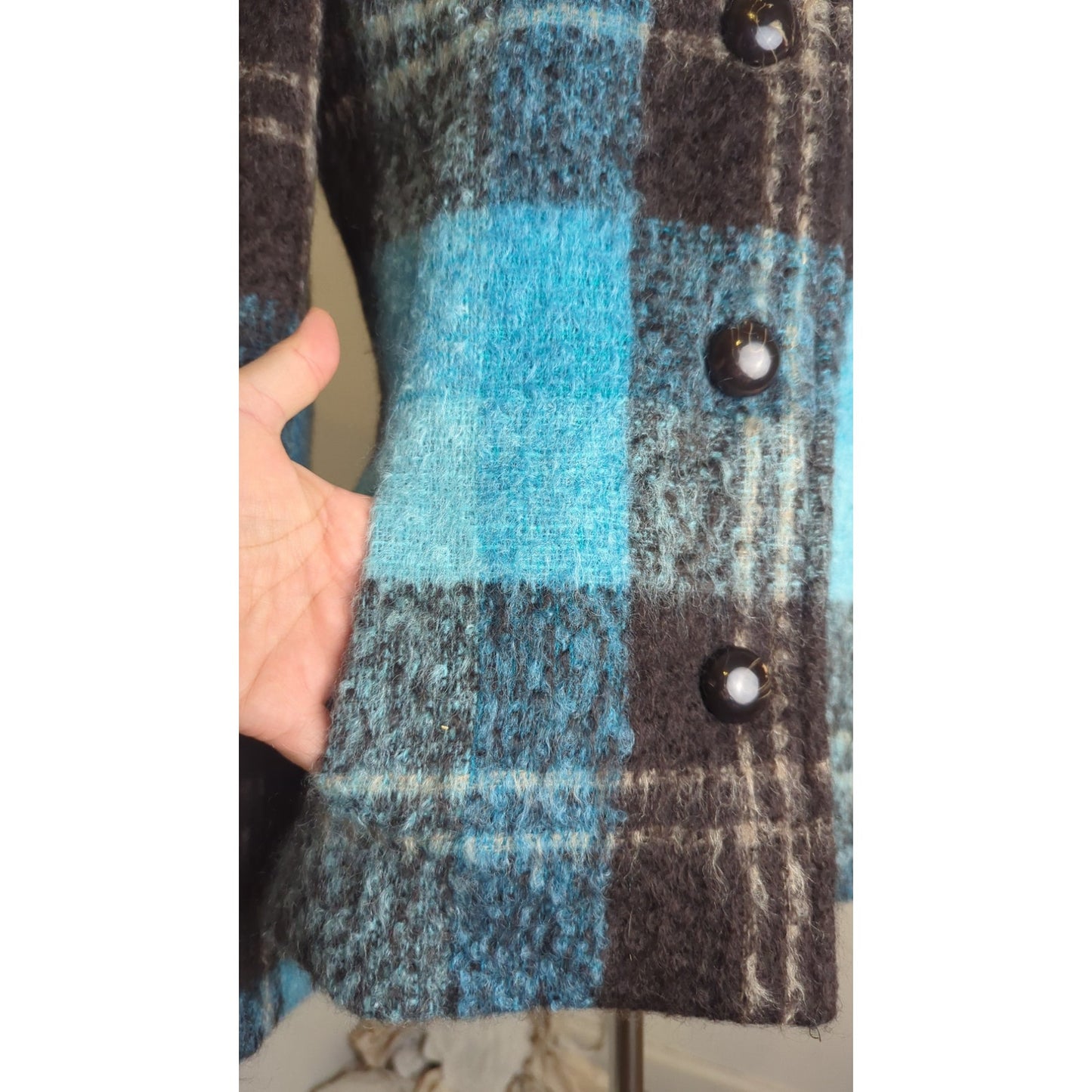 Vintage Mod Mohair Silk Wool Teal & Brown Plaid Lined Jacket Women's Size 8