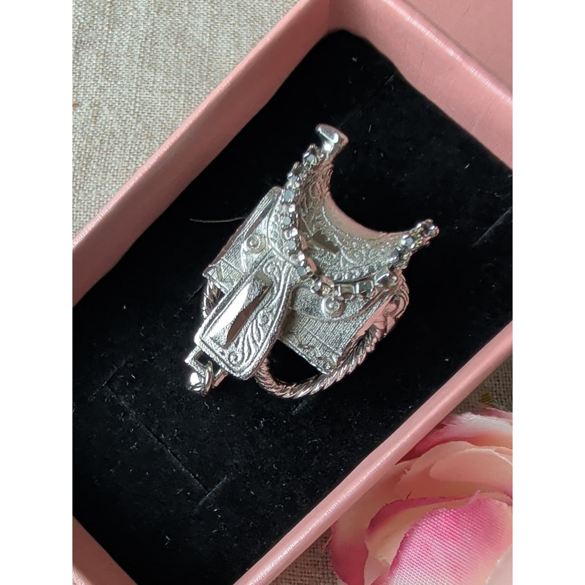 Western Saddle Scarf Slide Ring Silver Tone Rhinestone Cowgirl Equestrian