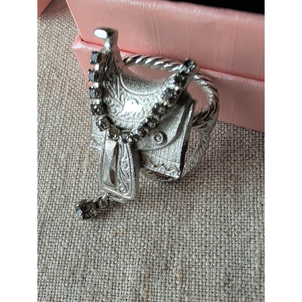 Western Saddle Scarf Slide Ring Silver Tone Rhinestone Cowgirl Equestrian