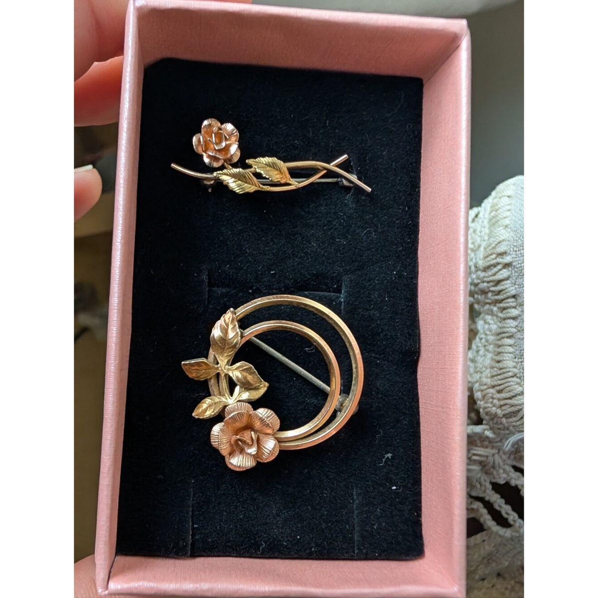 Vintage KREMENTZ Rolled Gold Rose Brooch Pin Set Floral Two Tone Jewelry