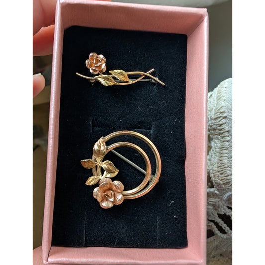 Vintage KREMENTZ Rolled Gold Rose Brooch Pin Set Floral Two Tone Jewelry