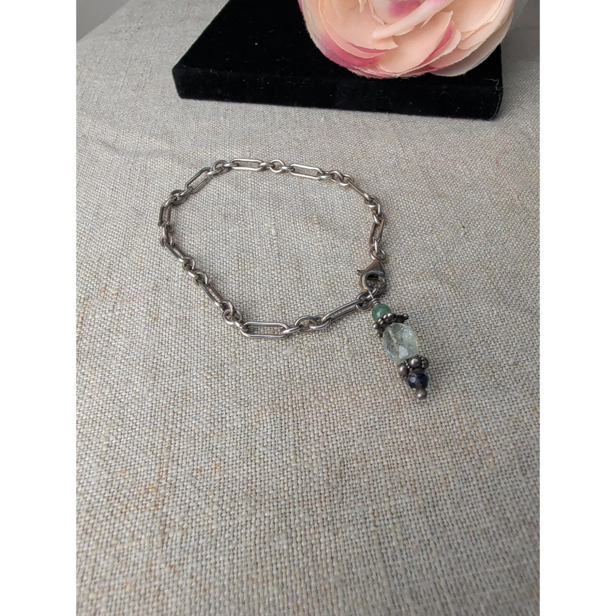 Sterling Silver Artisan Paperclip Chain Bracelet Mixed Gemstone Dangle 6.75