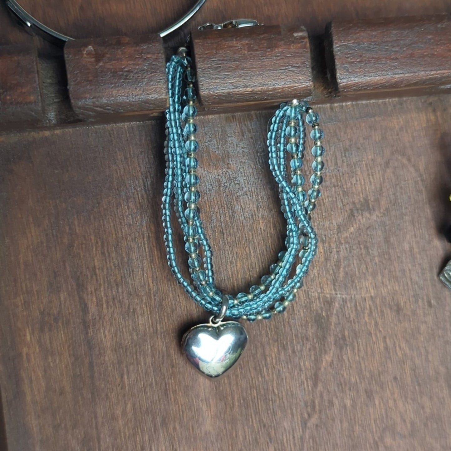 Vintage Blue Glass Beaded Bracelet Heart Locket Multi Strand