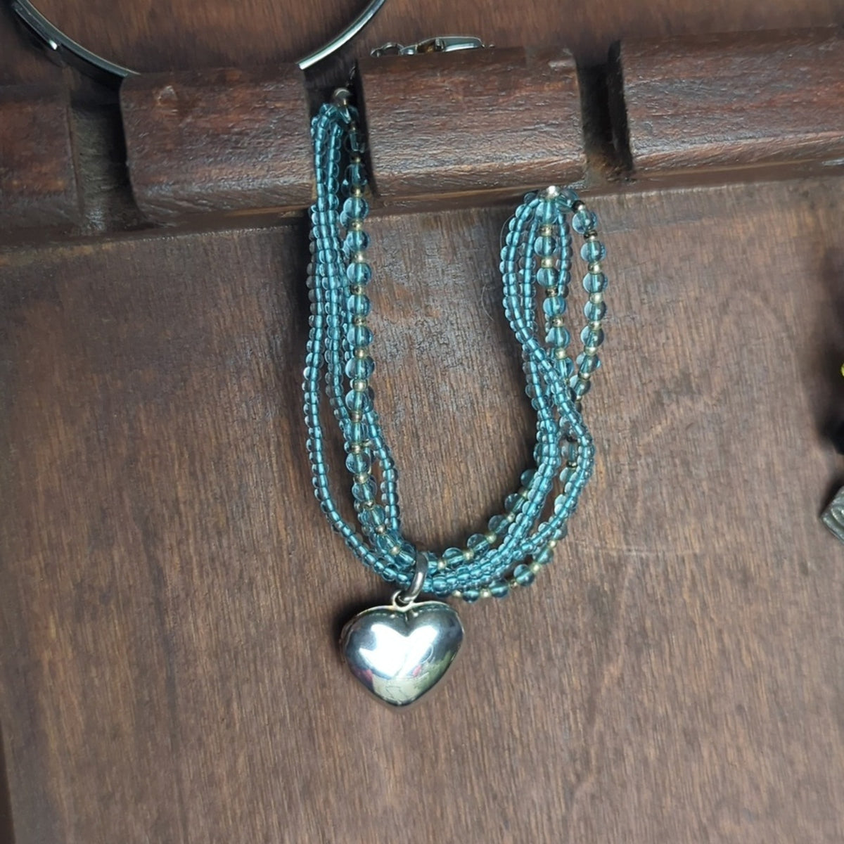 Vintage Blue Glass Beaded Bracelet Heart Locket Multi Strand