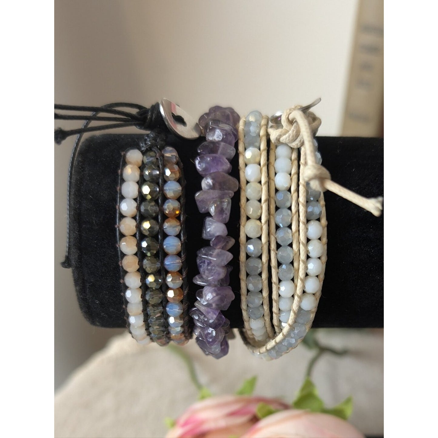 Amethyst Gemstone & Crystal Glass Bracelet Stack Boho Wrap Set of 3