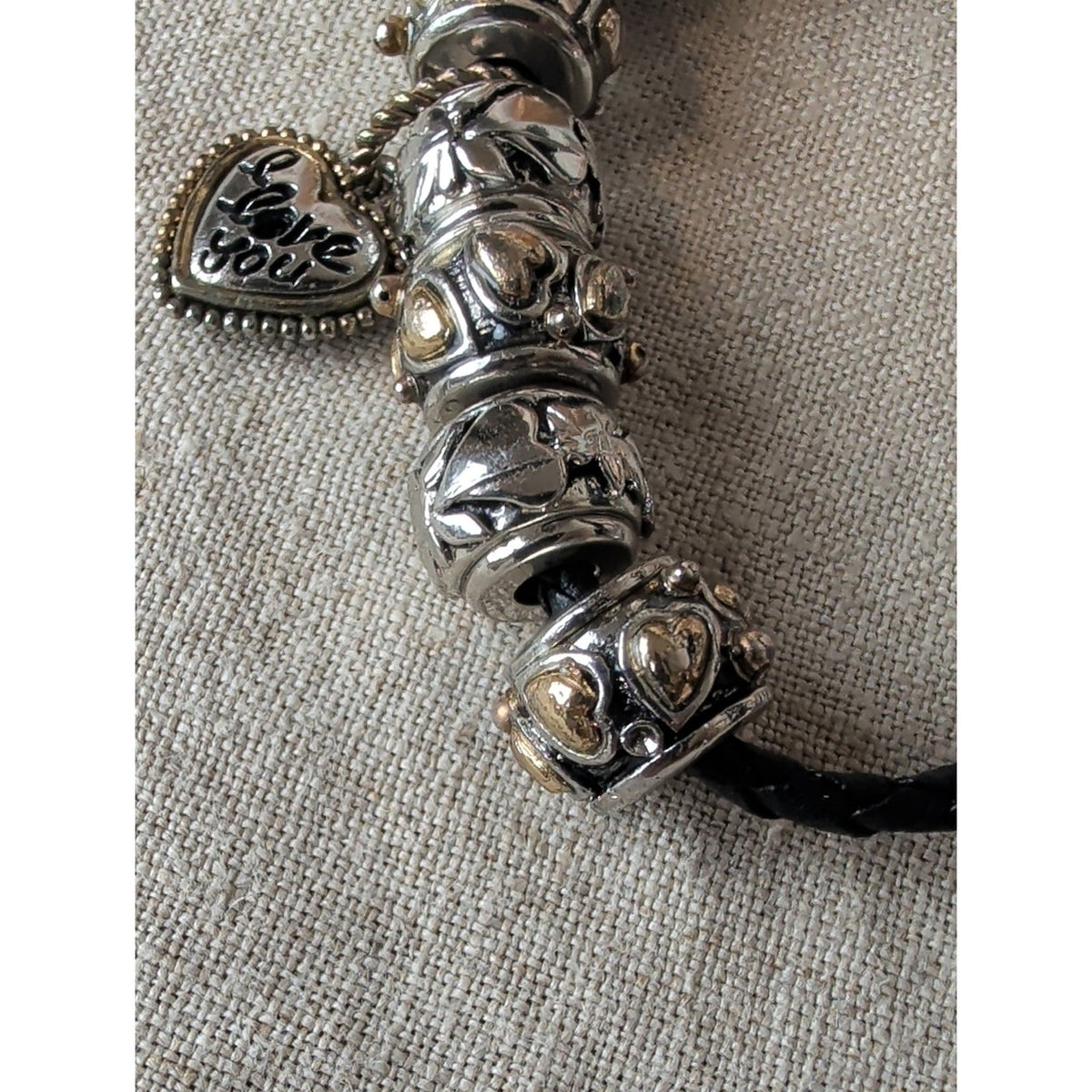 Heart Charm Bracelet Black Braided Leather European Bead Bracelet Romantic