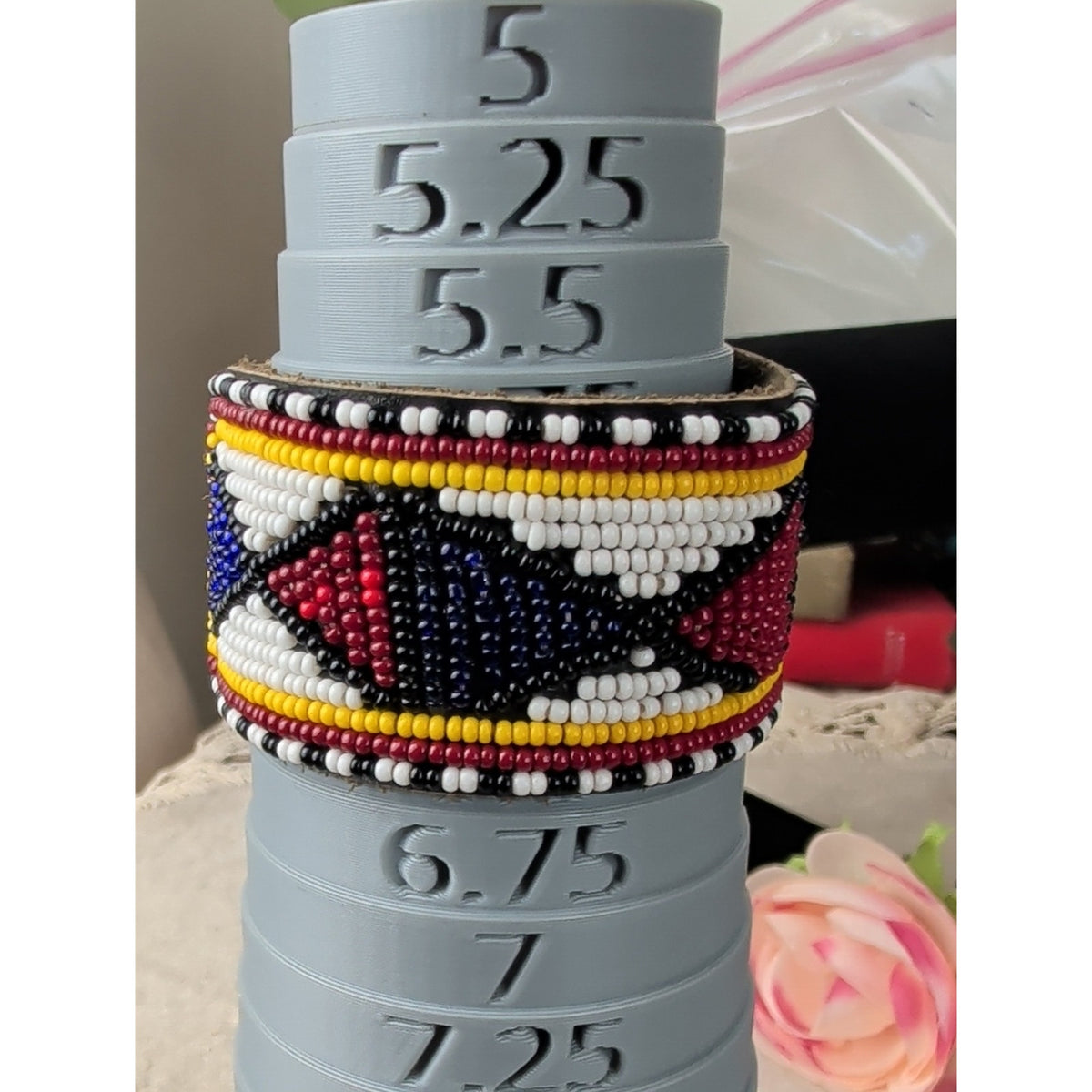 Southwestern Beaded Leather Cuff Bracelet Aztec Style Geometric Pattern
