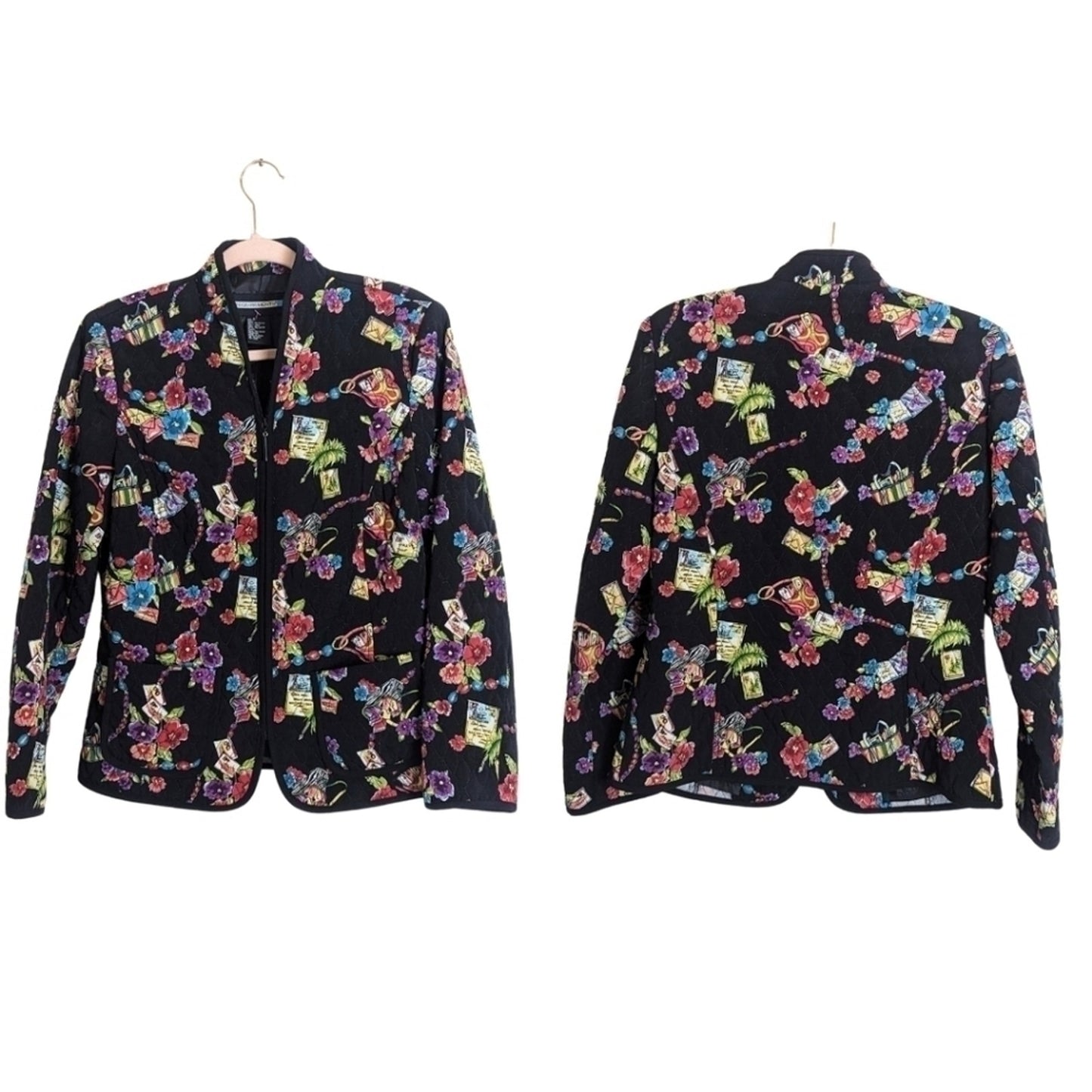 Vintage Quilted Stitched Art to Wear Zip-up Jacket Floral Stationary  Women's Sma…