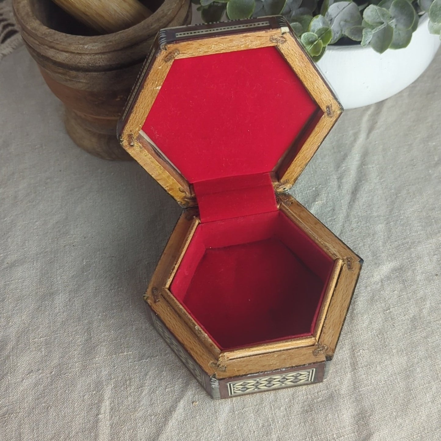 Vintage Damascus Mosaic Jewelry Box, Syrian Mother of Pearl Inlay Trinket Box