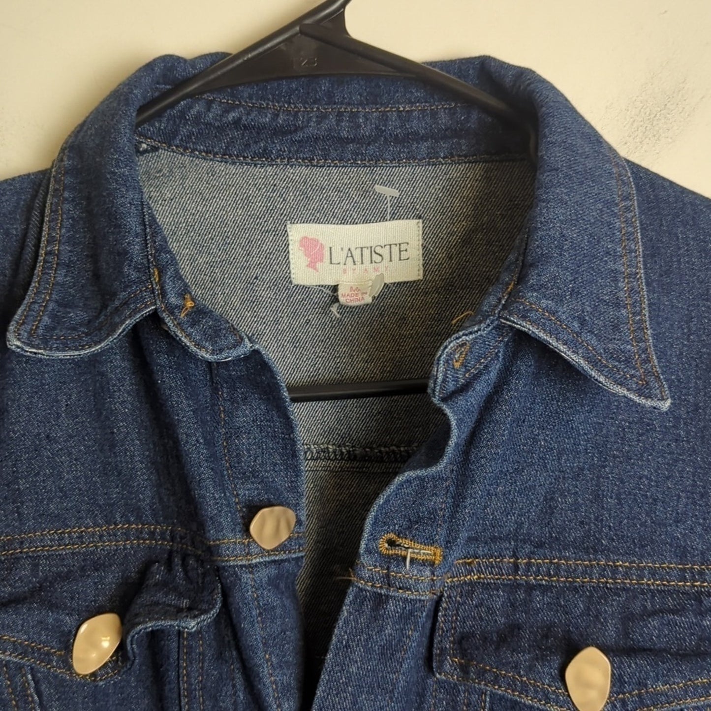 NWOT L'atiste Trench Jean Jacket Abstract Buttons Puff Sleeves Women's Medium