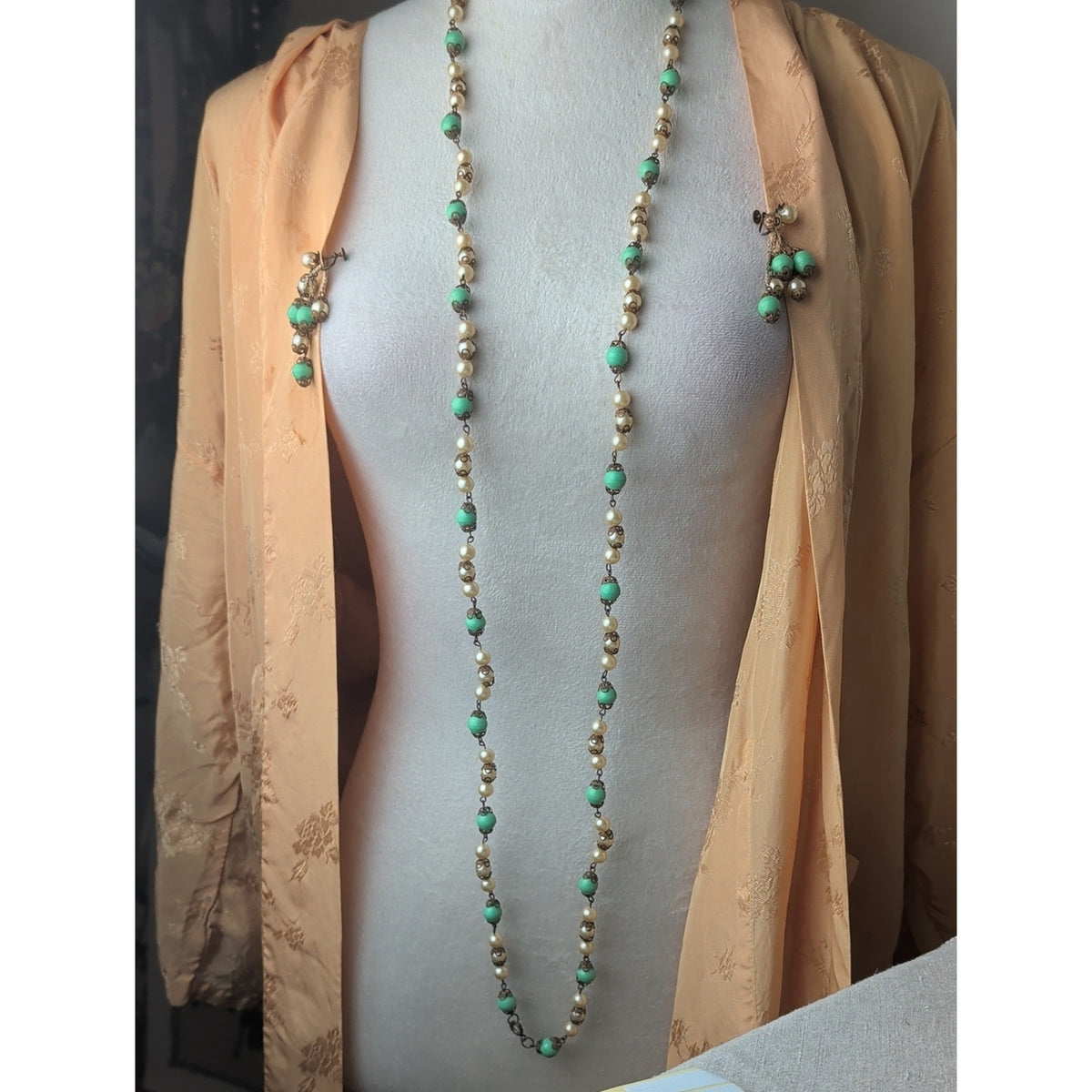 Vintage Seafoam Green Bead Glass Pearl Filigree Necklace & Screw Back Earrings