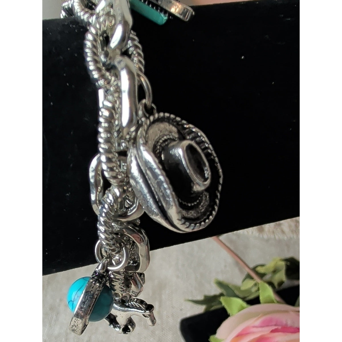 Atterie Western Charm Stretch Bracelet 7" Turquoise Color Cowboy Hat Horse