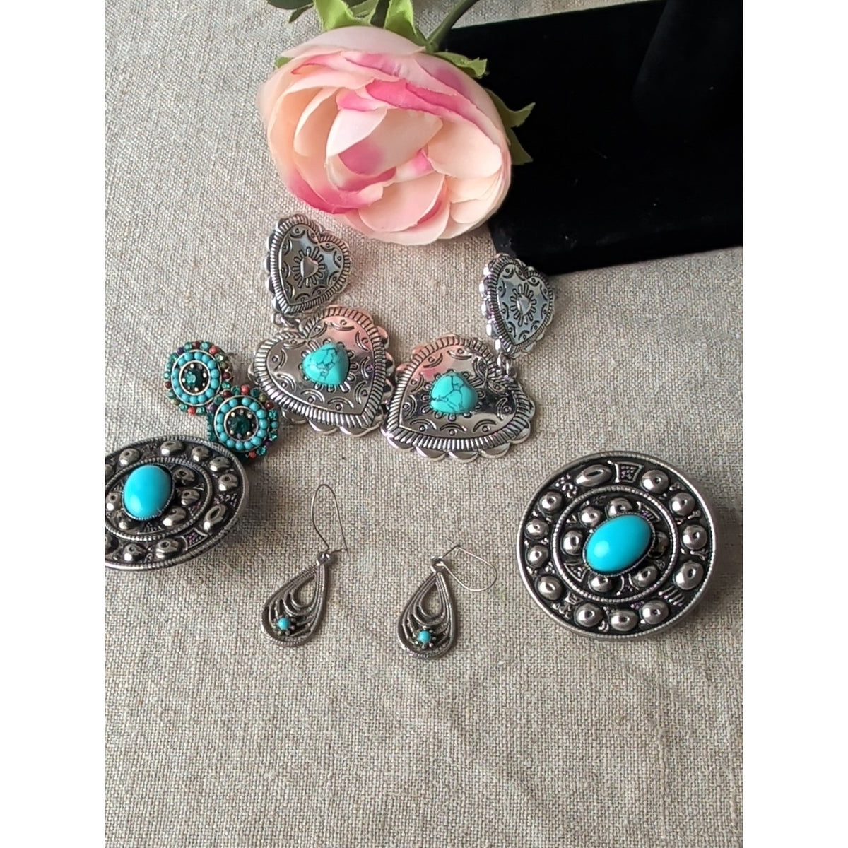 Southwestern Boho Earring Lot of 4 Pairs Turquoise Blue & Silver Tone