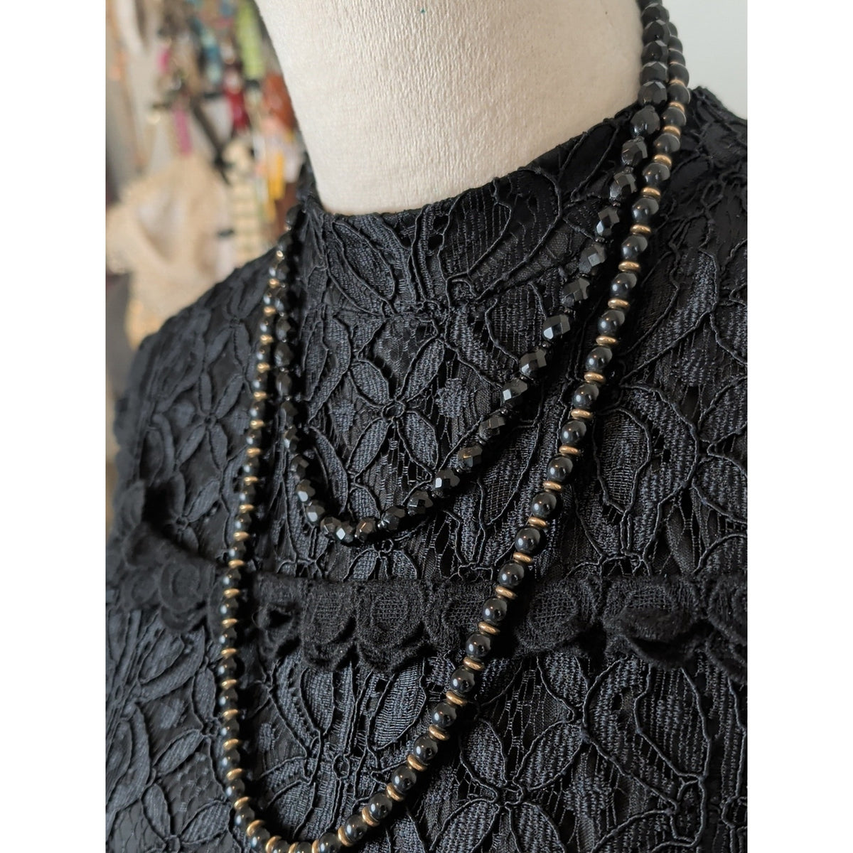 Curated Vintage Black Glass Layering Necklace Set 2 Double Strand Romantic Goth
