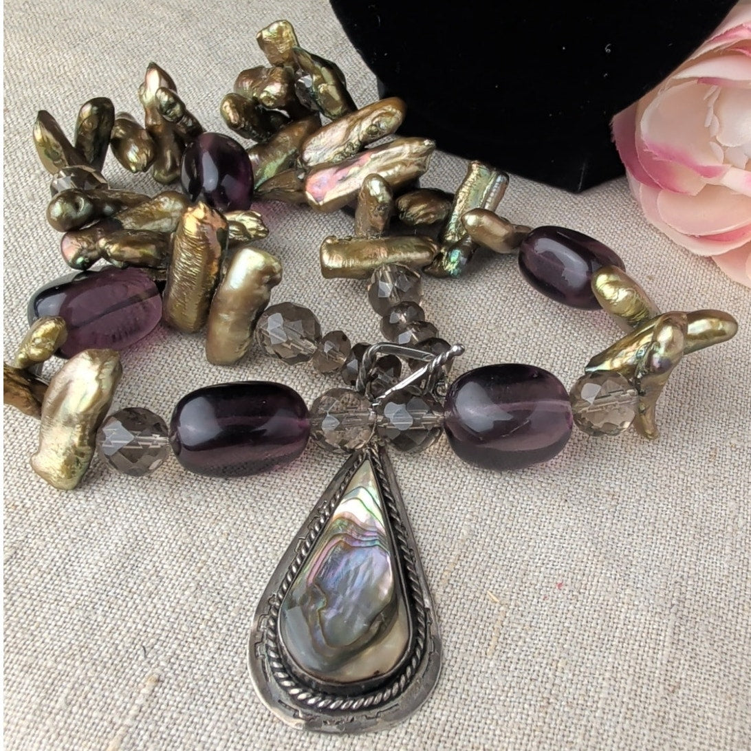 Vintage Mexican Sterling Silver Artisan Necklace, Inlay Abalone Shell Pendant, Iridescent Stick Pearl & Purple UV  Glass Beads, Signed DE 925