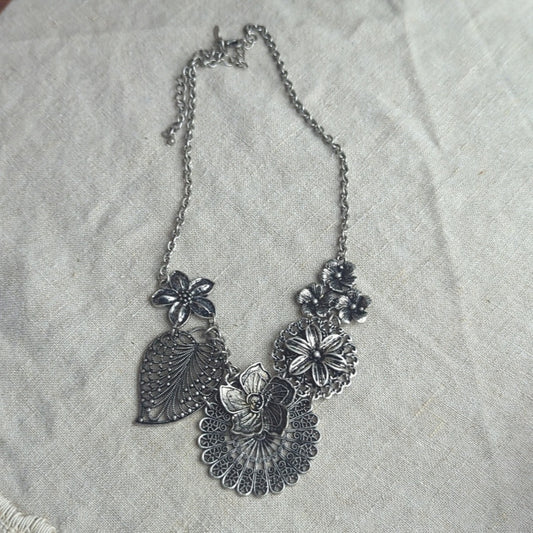 Whimsical Floral Necklace Silver Tone Filigree Cottagecore Romantic Layered