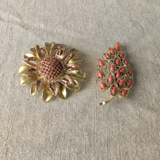 Vintage Autumn Brooch Set | Coral Pink Leaf & Sparkling Sunflower Fall Jewelry