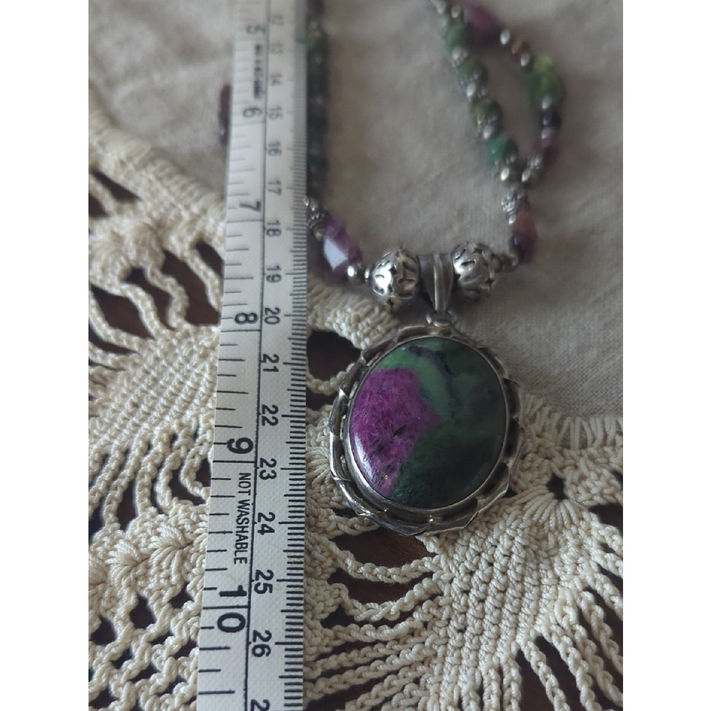 Sterling Silver Ruby Zoisite Statement Necklace, Artisan Gemstone Pendant