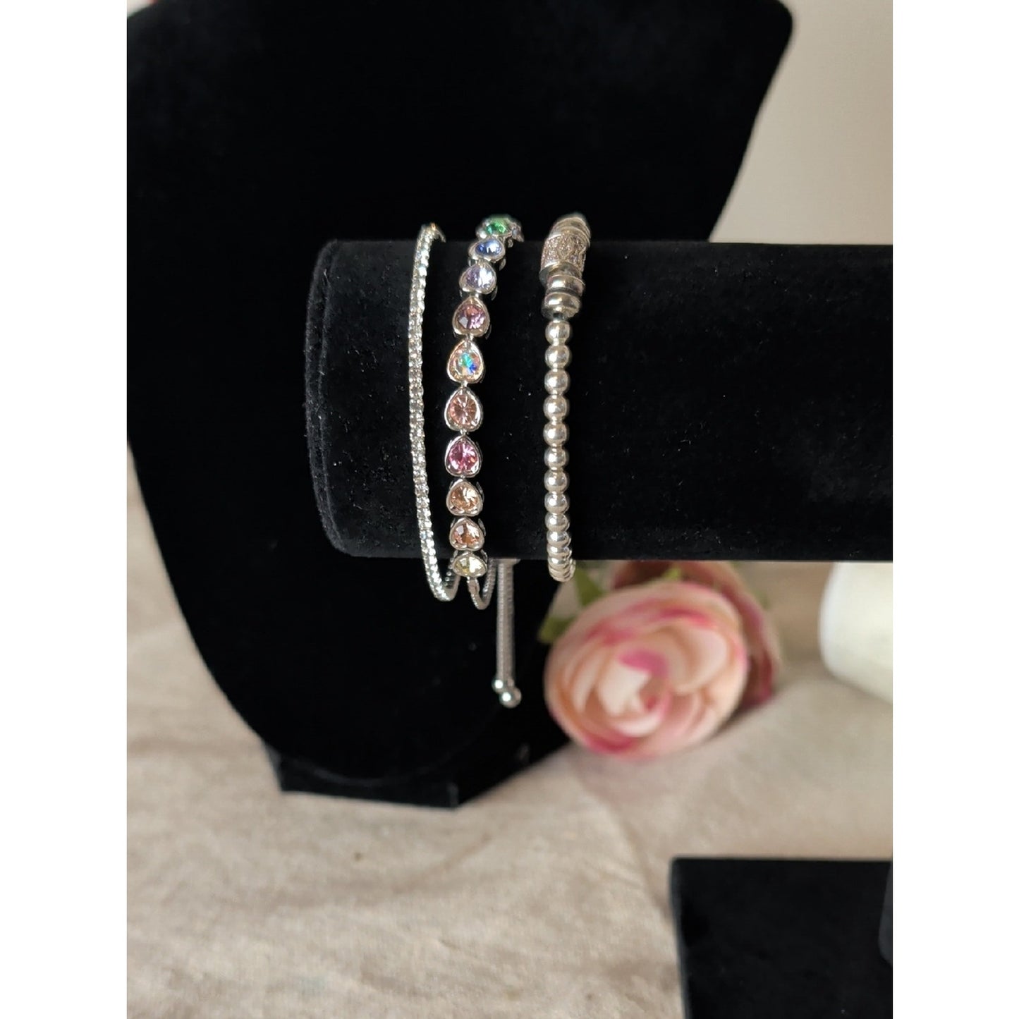 Y2K Pastel Rainbow Heart Bracelet Set  Layered Silver Glam Stack