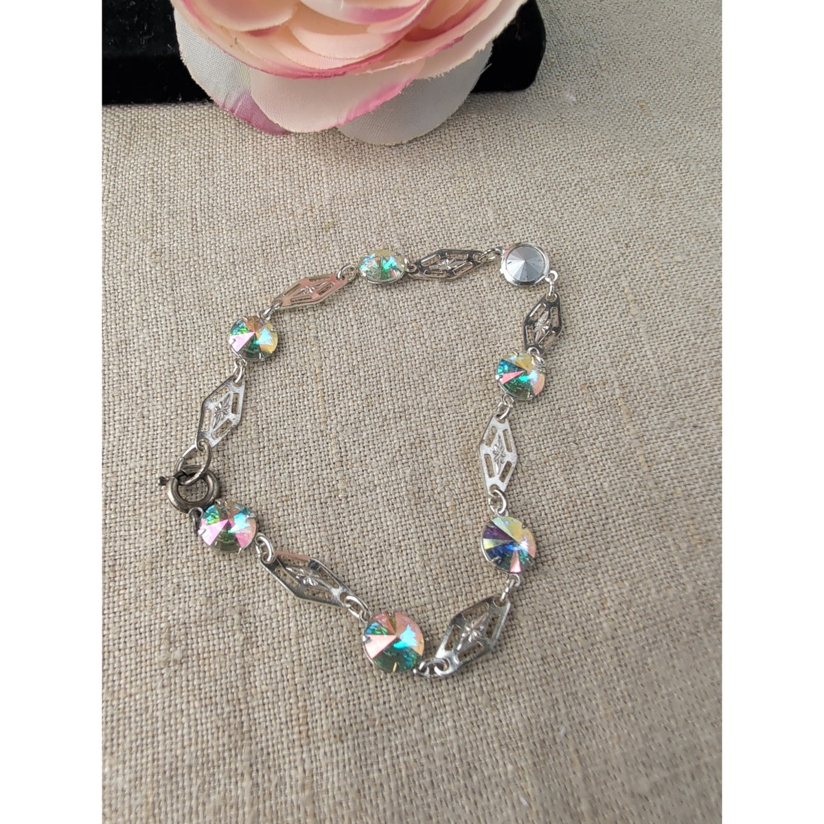 Vintage Mid-Century Sterling Silver Filigree Bracelet Aurora Borealis Crystals