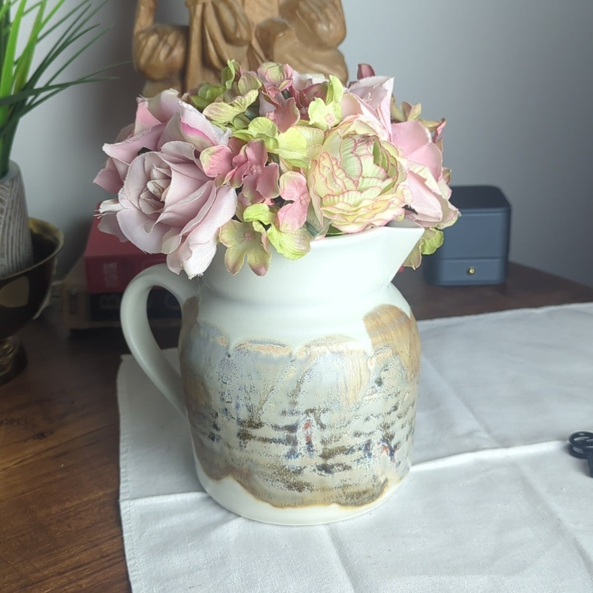 Stocky Handmade Artist Signed Pitcher Flowers Milk Shelf Styling Cottage