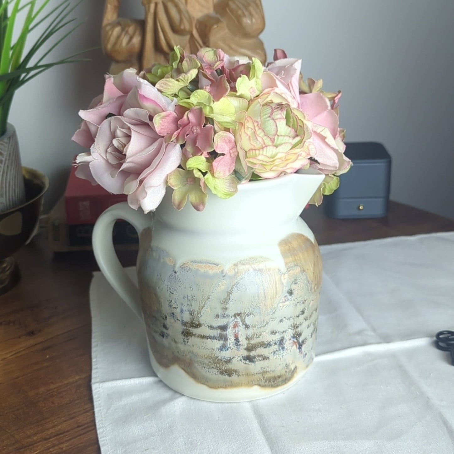 Stocky Handmade Artist Signed Pitcher Flowers Milk Shelf Styling Cottage