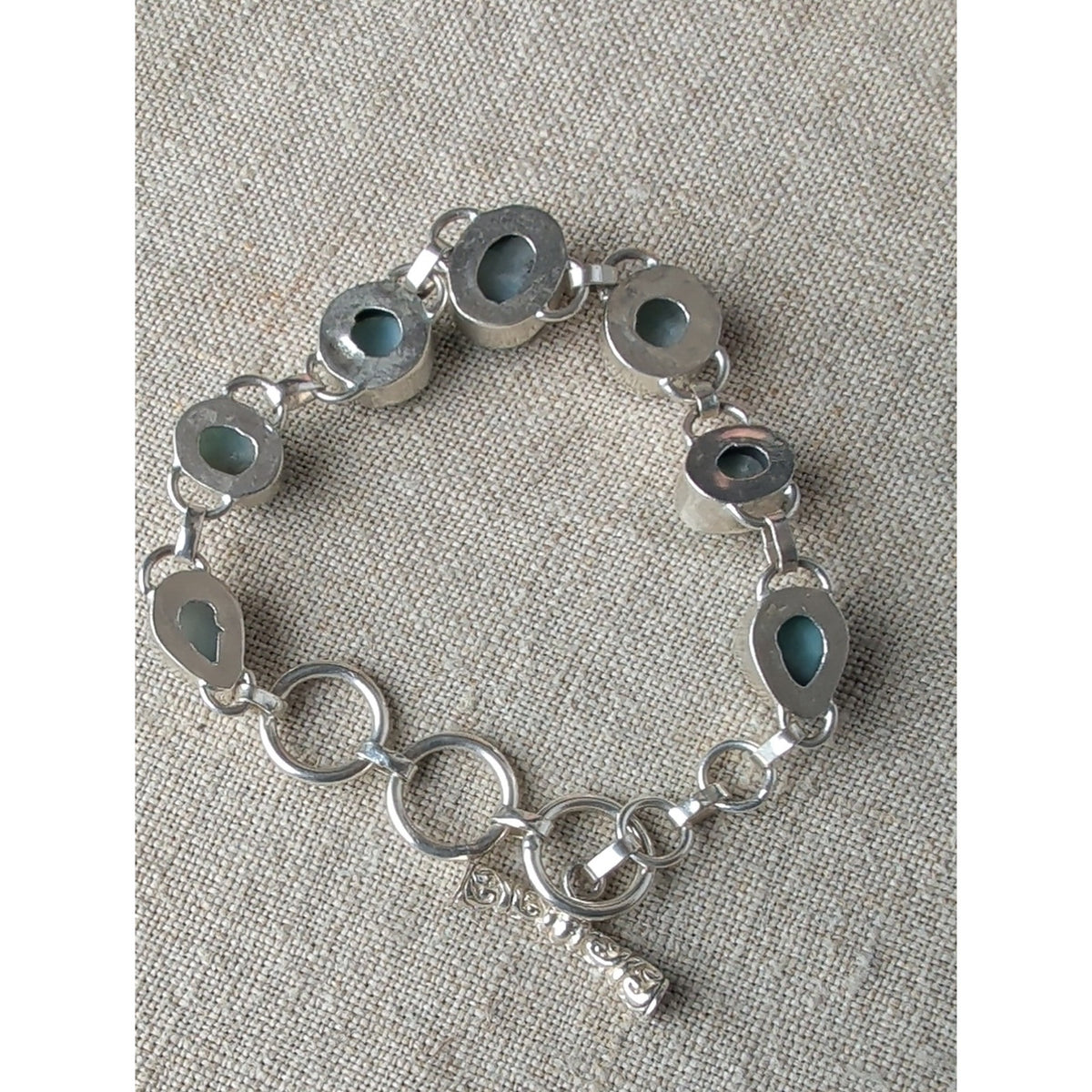 Vintage 925 Sterling Silver Blue Larimar Cabochon Bracelet Ornate Toggle