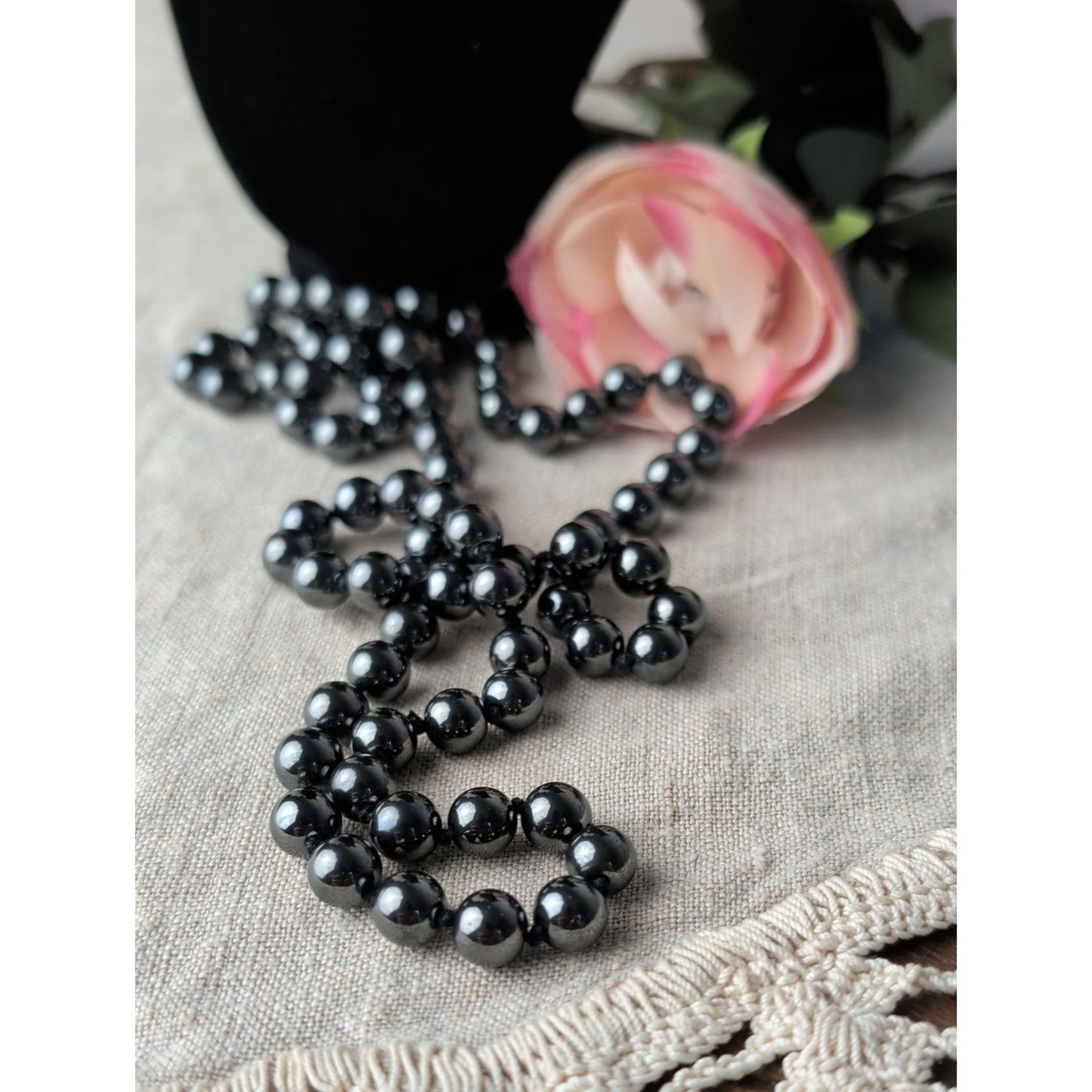 Vintage Natural Hematite Beaded Necklace Individually Hand-Knotted Gunmetal