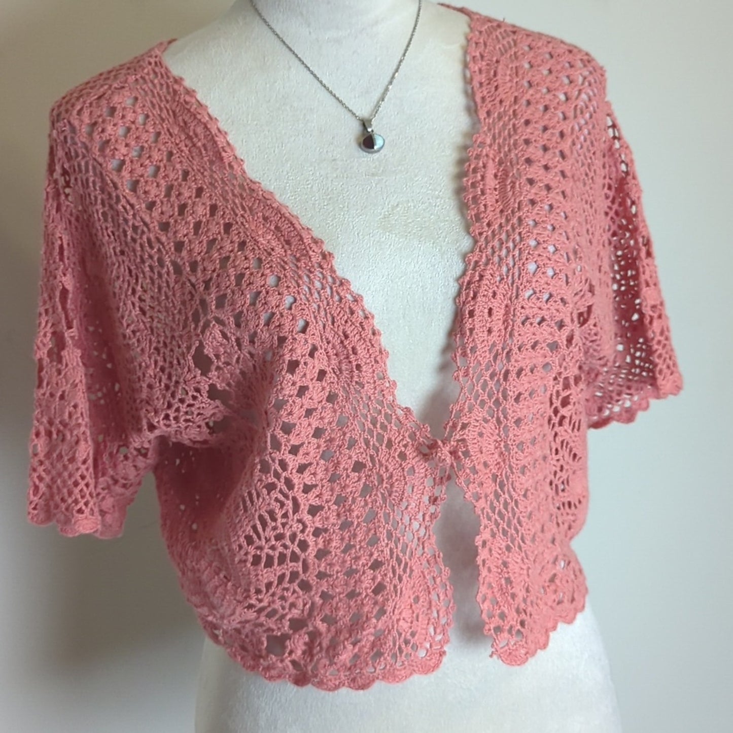 Vintage Crochet Cardigan Top Cropped Open Knit Dusty Rose Romantic Coquette