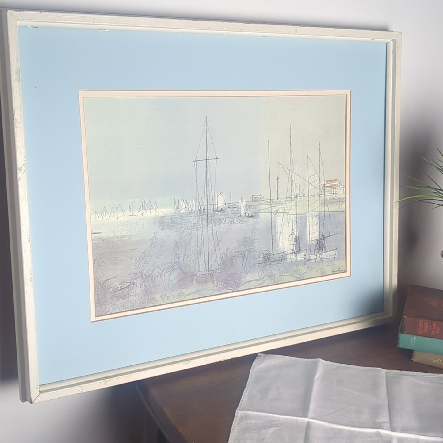 Vintage 70's Joe Jones “Setting Sail” Coastal Harbor Art Printed In Holland
