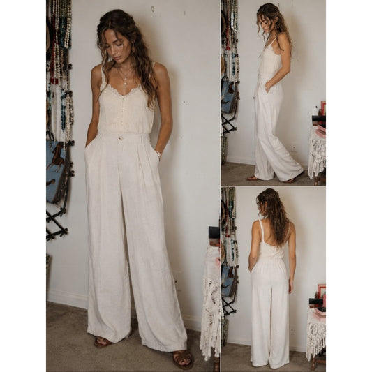 Vintage Linen Blend Wide Leg High Waisted Trousers  Minimalist Resortwear Pants
