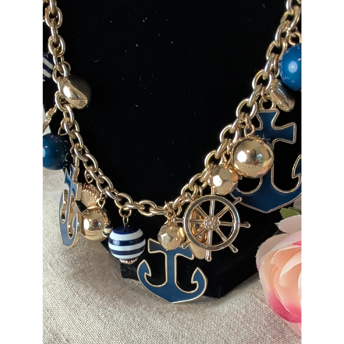 Vintage Y2K Nautical Charm Necklace Gold Tone Anchors Ship Wheel Coastal
