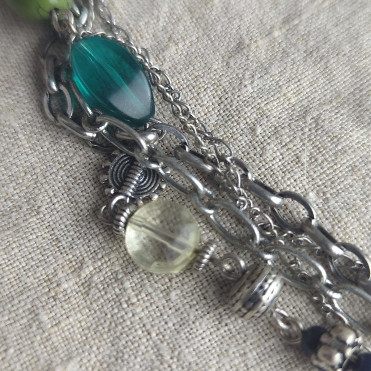 Boho Multi Strand Necklace Green Stone Bead Layered Artisan Style Earth Tone