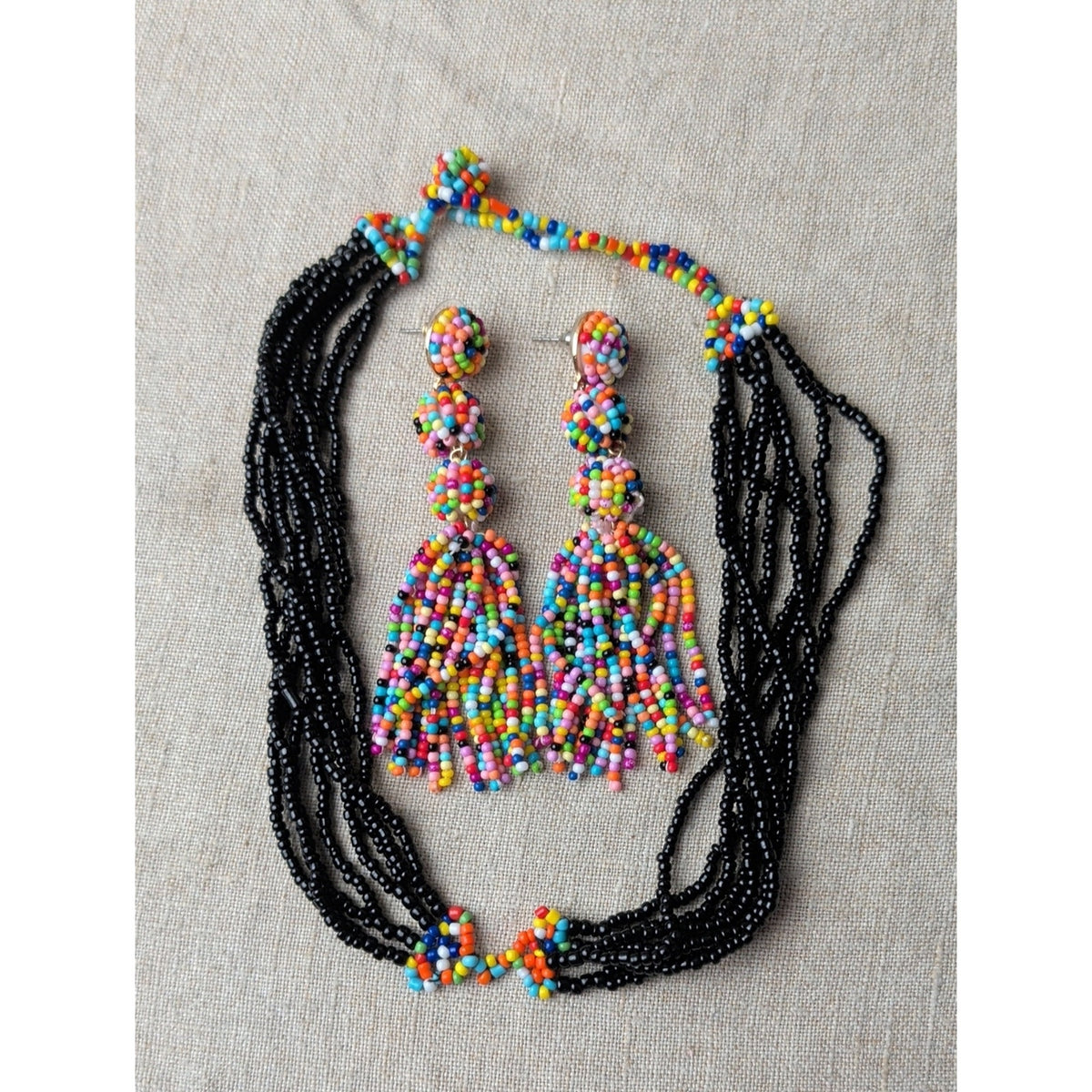 Colorful Seed Bead Statement Earrings Rainbow Tassel Boho Festival Artisan Style