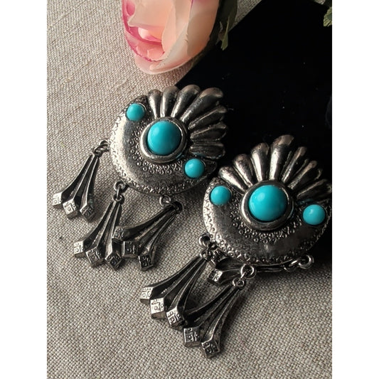 Vintage 90s Southwestern Turquoise Statement Clip On Earrings Silver Tone Dangle