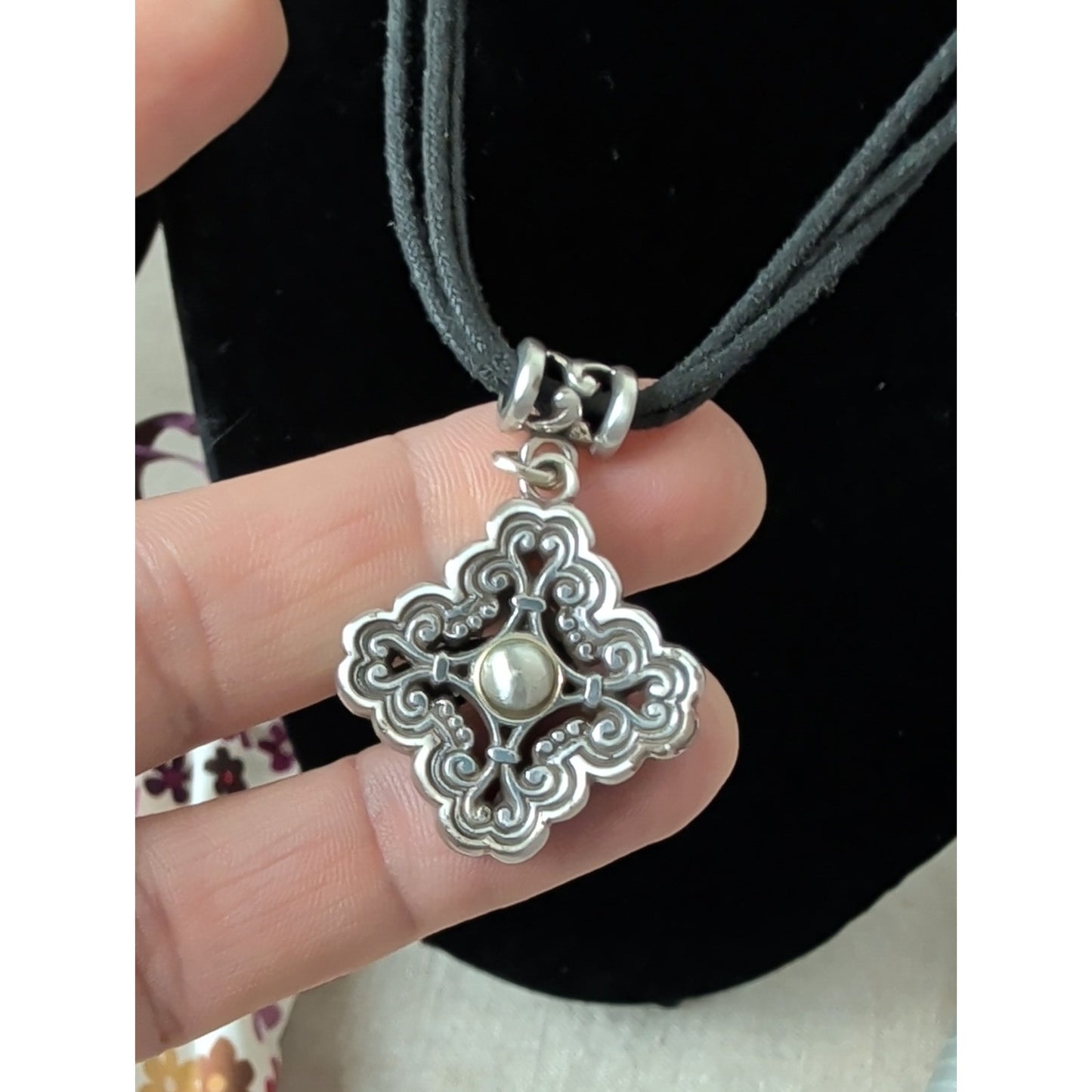 Brighton Silver Plated Scroll Pendant Black Cord Necklace + Floral Pouch