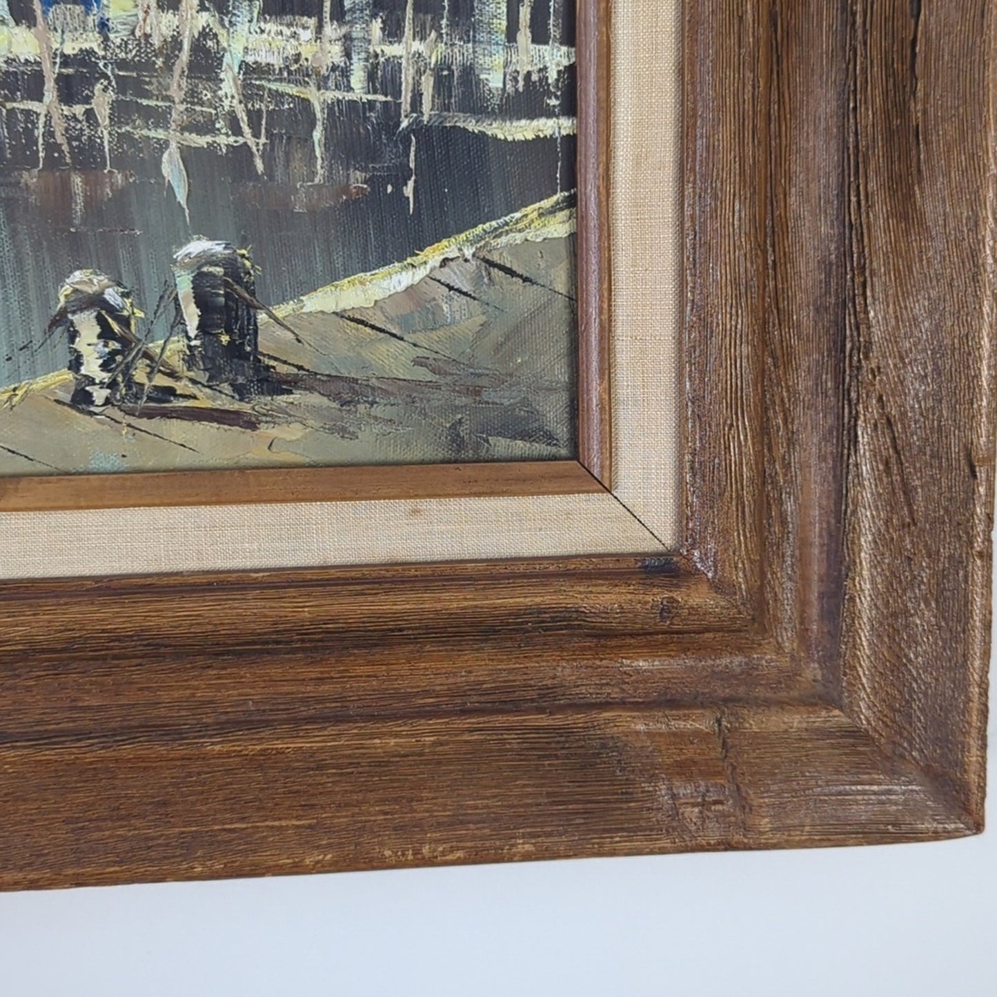 Vintage Harbor Village Oil Painting on Canvas Signed Framed Coastal European