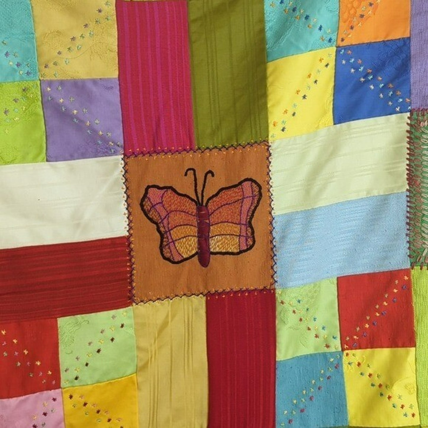 Crazy Quilt Large Rare Vintage Patchwork Quilt Embroidered Gold Satin Back 58x88